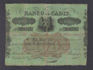 Banco de Cádiz
100 Reales de vellón. II emisión. Fecha a mano (1862). Verde. Con sello en seco y tampón en reverso. ED.76. Doblado en ocho partes (al...