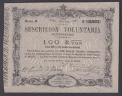 Carlos VII Pretendiente
100 Reales de vellón. 30 mayo 1870. Serie A. I emisión de Tour de Peilz. Sello en seco. ED.196. EBC+.