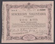 Carlos VII Pretendiente
200 Reales de vellón. 30 mayo 1870. Serie B. I emisión de Tour de Peilz. Sello en seco. ED.197. EBC+.
