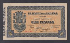 Guerra Civil-Zona Republicana, Banco de España
Banco de España, Gijón
100 Pesetas. Emisión 1937. Sin serie. Numerado. ED.399. SC-.