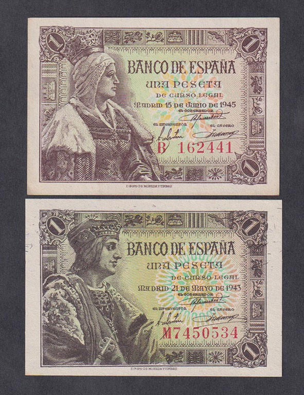 Estado Español, Banco de España
1 Peseta. Lote de 2 billetes. 1943 (serie M) y ...