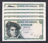 Estado Español, Banco de España
5 Pesetas. 5 marzo 1948. Sin serie. Lote de 5 billetes correlativos. ED.455. Ligeramente abarquillados (ondulaciones)...