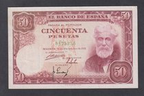 Estado Español, Banco de España
50 Pesetas. 31 diciembre 1951. Sin serie. ED.462. Lavado y planchado. (MBC+).