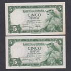 Estado Español, Banco de España
5 Pesetas. 22 julio 1954. Serie P. Lote de 2 billetes. ED.466a. MBC+.