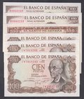 Estado Español, Banco de España
100 Pesetas. Lote de 6 billetes. 1953 W , 1965 (pareja M) y 1970 (trío 7W). ED.464b/470a/472c. SC a EBC+.
