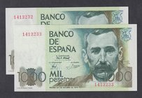 Juan Carlos I, Banco de España
1000 Pesetas. 23 octubre 1979. Sin serie. Pareja correlativa. ED.477. Ligerísima muesca en margen superior. (SC-).