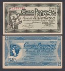 Billetes locales
Badajoz, C.P. 25 y 50 Céntimos. 1937. El de 25 Céntimos con tampón NULO en reverso. EBC.