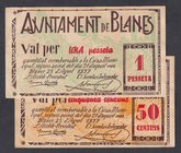 Billetes locales
Blanes, Ay. 50 Céntimos y 1 Peseta. Agosto 1937. MBC+.