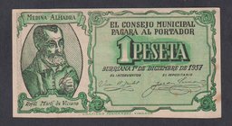 Billetes locales
Burriana, C.M. 1 Peseta. 1 diciembre 1937, 4ª emisión. Muy escaso. EBC-.