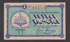 Billetes locales
Gijón, Régimen Interior. 1 Peseta. 1 junio 1937. Sindicato único del ramo de la alimentación, sección confitería. GR.387a (RRR). Rar...
