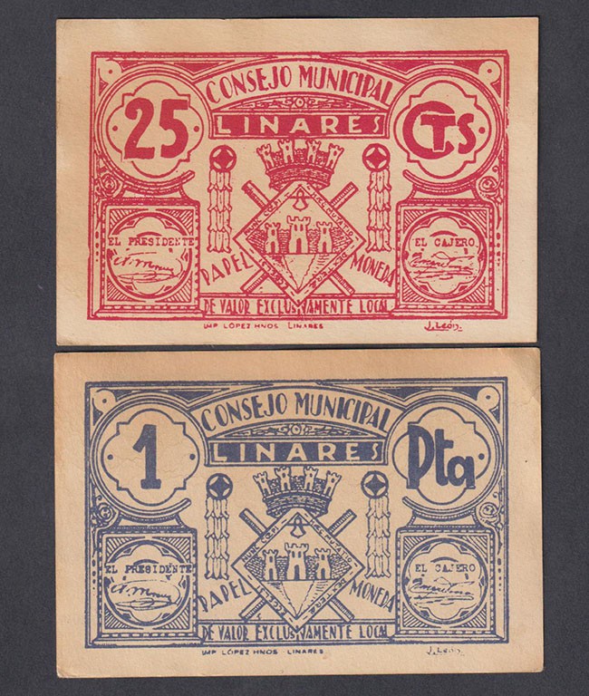 Billetes locales
Linares, C.M. 25 Céntimos y 1 Peseta. EBC-.
