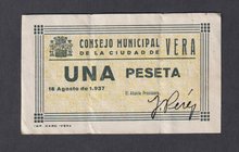 Billetes locales
Vera, C.M. 1 Peseta. 18 Agosto 1937. Con firma del alcalde y numeración en reverso. MBC.