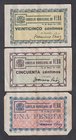 Billetes locales
Vera, C.M. Serie de 3 billetes. 25 y 50 Céntimos y 1 Peseta. 15 Mayo 1937. Todos con firma del alcalde y numeración en reverso. El d...