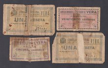 Billetes locales
Vera, C.M. Serie de 4 billetes. 25 y 50 Céntimos (25 Octubre 1937), 1 Peseta (18 Agosto 1937) (2). Reparados con papel y celo. (RC)....