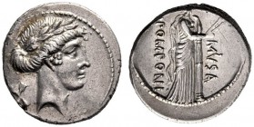  The Collection of Roman Republican Coins of a Student and his Mentor Part III   Q. Pomponius Musa. Denarius 66, AR 3.70 g. Laureate head of Apollo r....