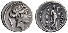  The Collection of Roman Republican Coins of a Student and his Mentor Part III   Q. Pomponius Musa. Denarius 66, AR 3.97 g. Laureate head of Apollo r....