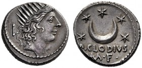  The Collection of Roman Republican Coins of a Student and his Mentor Part III   P. Clodius M.f. Turrinus. Denarius 42, AR 3.99 g. Radiate head of Sol...
