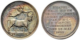 MEDAGLIE ITALIANE
NAPOLI
Ferdinado IV, III Periodo, 1815-1816. Medaglia 1815 coniata a Vienna. Ar gr. 2,05 mm 18,8 Toro androcefalo coronato da vitt...