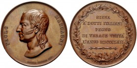 MEDAGLIE ITALIANE
SIENA
Paolo Mascagni, 1755-1815. Medaglia 1862 opus Nicoa Cerbara. Æ gr. 68,87 mm 53 Busto a s. Rv. Scritta in cinque righe. Aperl...