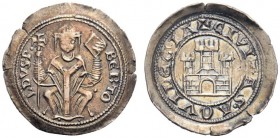MONETE ITALIANE
AQUILEIA
Bertoldo di Merania, 1218-1251. Denaro con castello. Ar gr. 1,20 BERTO LDVS P Il patriarca mitrato, seduto in faldistoro or...