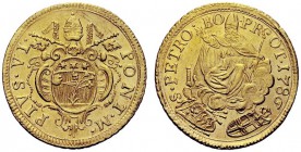 MONETE ITALIANE
BOLOGNA
Pio VI (Giovanni Angelo Braschi), 1775-1799. Doppio Zecchino 1786. Au gr. 6,81 Nel campo stemma ovale in cornice. Rv. Nel ca...