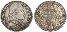 MONETE ITALIANE
BOLOGNA
Pio VI (Giovanni Angelo Braschi), 1775-1799. Testone 1777 a. III. Ar gr. 7,85 PIVS VI PONT MAX AN III Busto a d. con zucchet...