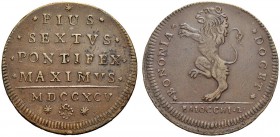 MONETE ITALIANE
BOLOGNA
Pio VI (Giovanni Angelo Braschi), 1775-1799. Da 2 baiocchi 1795. Æ gr. 20,40 PIUS SEXTVS PONTIFEX MAXIMVS, all’esergo MDCCXC...