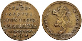 MONETE ITALIANE
BOLOGNA
Pio VI (Giovanni Angelo Braschi), 1775-1799. Da 2 baiocchi 1796. Æ gr. 19,12 Simile a precedente. CNI 337; M. 248var.II; Ch....