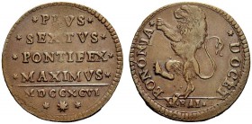 MONETE ITALIANE
BOLOGNA
Pio VI (Giovanni Angelo Braschi), 1775-1799. Mezzo baiocco 1796. Æ gr. 4,69 PIUS SEXTVS PONTIFEX MAXIMVS, all’esergo MDCCXCV...
