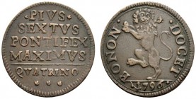MONETE ITALIANE
BOLOGNA
Pio VI (Giovanni Angelo Braschi), 1775-1799. Quattrino 1796. Æ gr. 2,27 Simile a precedente. CNI -; M. -; Ch. -; B. -. Raris...