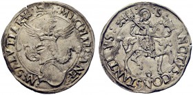 MONETE ITALIANE
CARMAGNOLA
Michele Antonio di Saluzzo, 1504-1528. Cornuto. Ar gr. 5,35 Stemma con cimiero coronato e sormontato da drago alato. Rv. ...