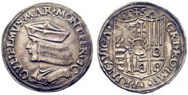 MONETE ITALIANE
CASALE
Guglielmo II Paleologo, 1494-1518. Testone. Ar gr. 9,40 GVLIELMVS MAR MONT FER 7 C' Busto con berretto a s. Rv. PRINC VICA PP...