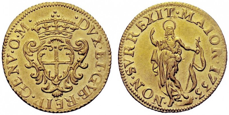 MONETE ITALIANE
GENOVA
Terza fase: 1637-1797. Zecchino 1733. Au gr. 3,45 DVX E...