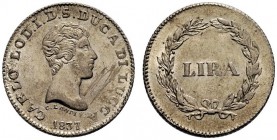 MONETE ITALIANE
LUCCA
Carlo Ludovico, 1824-1847. Lira 1837. Ar. Pag. 260; Gig. 3. Graffi nel campo al dr., Q, FDC