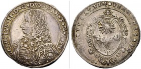 MONETE ITALIANE
MANTOVA
Carlo II Gonzaga-Nevers, 1647-1665. Ducatone 1649 con il sole e la pioggia. Ar gr. 32,11 CAROLVS II D G DVX MAN ET M F ET C ...
