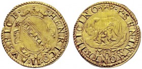 MONETE ITALIANE
MONTALCINO
Repubblica di Siena (Enrico II Re di Francia), 1555-1559. Scudo d’oro 1556. Au gr. 3,32 R P SEN INMONTE ILICINO La lupa r...