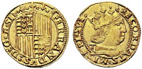 MONETE ITALIANE
NAPOLI
Ferdinando I d’Aragona, 1458-1494. Ducato, dal 1488 al 1494. Au gr. 3,50 FERRANDVS D G R SI Stemma coronato, inquartato di Na...