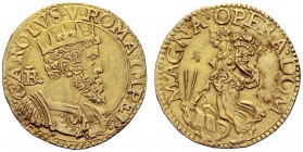 MONETE ITALIANE
NAPOLI
Carlo d'Absburgo, re di Spagna, Napoli etc., 1516-1554, imperatore dal 1519. Da due scudi o doppia. Au gr. 6,71 CAROLVS V ROM...