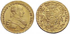 MONETE ITALIANE
NAPOLI
Ferdinando IV di Borbone, I periodo, 1759-1798. 6 Ducati 1767. Au gr. 8,81 FERDINAN IV D G SICILIAR ET HIER REX Busto infanti...