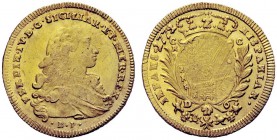 MONETE ITALIANE
NAPOLI
Ferdinando IV di Borbone, I periodo, 1759-1798. 6 Ducati 1772, ribattuto 2 su 1. Au gr. 8,80 Simile a precedente. Pannuti-Ric...