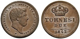MONETE ITALIANE
NAPOLI
Ferdinando II di Borbone, 1830-1859. 2 Tornesi 1842. Æ Testa adulta e barbuta a d. Rv. Valore e data sotto corona reale. Pann...