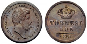 MONETE ITALIANE
NAPOLI
Ferdinando II di Borbone, 1830-1859. 2 Tornesi 1857. Æ Come precedente. PannutiRiccio 259; Pag. 411/d; Gig. 259. Spaccatura d...