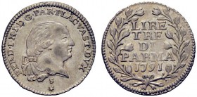 MONETE ITALIANE
PARMA
Ferdinando I di Borbone, 1765-1802. 3 Lire 1791. Ar gr. 3,58 FERD I H I D G PAR PLAC VAST DVX Testa a d. Rv. Scritta in cinque...
