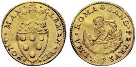 MONETE ITALIANE
ROMA
Clemente VII (Giulio de' Medici), 1523-1534. Doppio fiorino di camera. Au gr. 6,71 CLEMEN VII PONT MAX Stemma sormontato da tri...