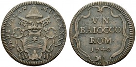MONETE ITALIANE
ROMA
Sede Vacante, Camerlengo Card. Annibale Albani, 1740. Baiocco 1740. Æ gr. 11,20 Simile a precedente. M. 20l; B. 2721. BB Legend...