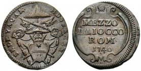 MONETE ITALIANE
ROMA
Sede Vacante, Camerlengo Card. Annibale Albani, 1740. Mezzo Baiocco 1740. Æ gr. 6,49 Simile a precedente. M. 25; B. 2723. SPL