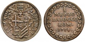 MONETE ITALIANE
ROMA
Clemente XIII (Carlo Rezzonico), 1758-1769. Mezzo Baiocco 1759 a. I. Æ gr. 5,94 Stemma. Rv. Valore e data entro corona. M. 38; ...