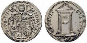 MONETE ITALIANE
ROMA
Pio VI (Giovanni Angelo Braschi), 1775-1799. Grosso 1775. Ar gr. 1,30 Stemma ooblungo. Rv. La Porta Santa. M. 50; B. 2968. FDC