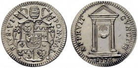 MONETE ITALIANE
ROMA
Pio VI (Giovanni Angelo Braschi), 1775-1799. Grosso 1775. Ar gr. 1,30 Stemma ooblungo. Rv. La Porta Santa. M. 50; B. 2968. FDC
