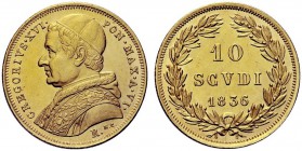 MONETE ITALIANE
ROMA
Gregorio XVI (Bartolomeo Alberto Cappellari), 1831-1846. 10 Scudi 1836 a. VI. Au Busto a s. con zucchetto, mozzetta e stola. Rv...